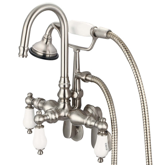Water Creation F6-0011-02-CL Vintage Classic Adjustable Spread Wall Mount Tub Faucet With Gooseneck Spout, Swivel Wall Connector & Handheld Shower in Brushed Nickel Finish, With Porcelain Lever Handles, Hot And Cold Labels Included