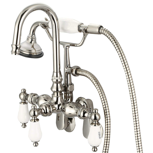 Water Creation F6-0011-05-CL Vintage Classic Adjustable Spread Wall Mount Tub Faucet With Gooseneck Spout, Swivel Wall Connector & Handheld Shower in Polished Nickel Finish, With Porcelain Lever Handles, Hot And Cold Labels Included