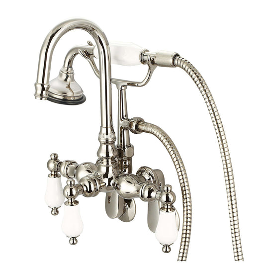 Water Creation F6-0011-05-PL Vintage Classic Adjustable Spread Wall Mount Tub Faucet With Gooseneck Spout, Swivel Wall Connector & Handheld Shower in Polished Nickel Finish, With Porcelain Lever Handles Without labels