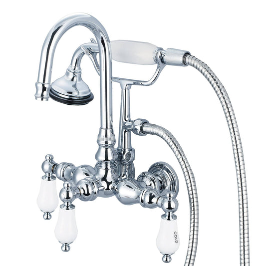 Water Creation F6-0012-01-CL Vintage Classic 3.375" Center Wall Mount Tub Faucet With Gooseneck Spout, Straight Wall Connector & Handheld Shower in Chrome Finish, With Porcelain Lever Handles, Hot And Cold Labels Included