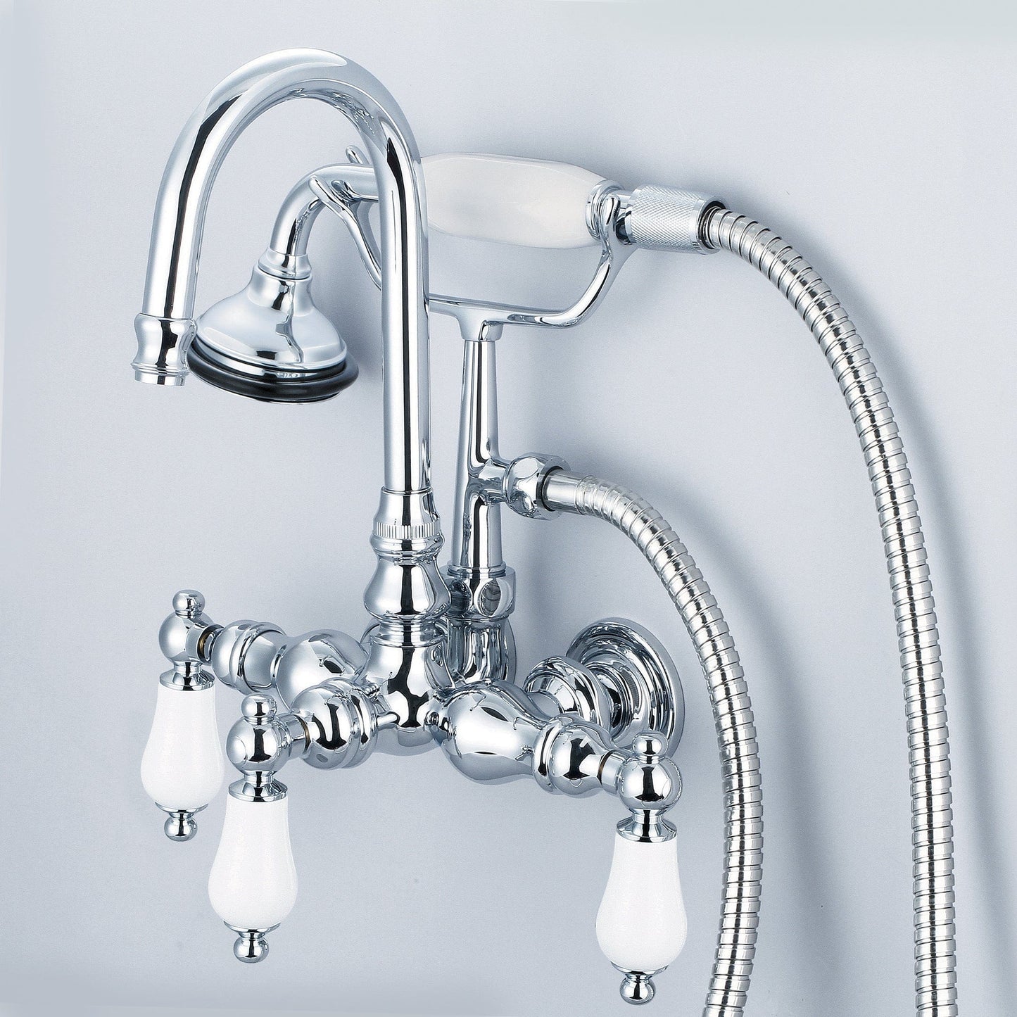 Water Creation F6-0012-01-PL Vintage Classic 3.375" Center Wall Mount Tub Faucet With Gooseneck Spout, Straight Wall Connector & Handheld Shower in Chrome Finish, With Porcelain Lever Handles Without labels