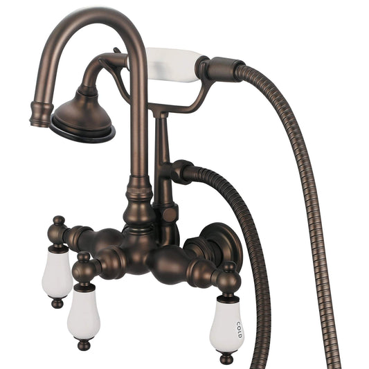 Water Creation F6-0012-03-CL Vintage Classic 3.375" Center Wall Mount Tub Faucet With Gooseneck Spout, Straight Wall Connector & Handheld Shower in Oil Rubbed Bronze Finish, With Porcelain Lever Handles, Hot And Cold Labels Included