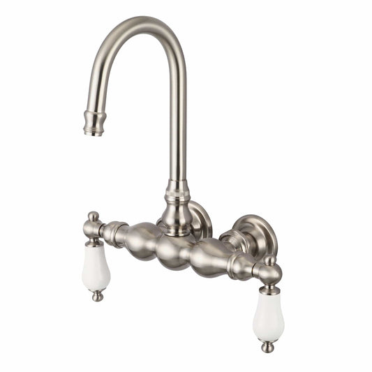 Water Creation F6-0014-02-PL Vintage Classic 3.375" Center Wall Mount Tub Faucet With Gooseneck Spout & Straight Wall Connector in Brushed Nickel Finish, With Porcelain Lever Handles Without labels