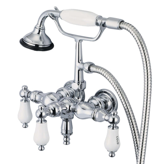 Water Creation F6-0017-01-CL Vintage Classic 3.375" Center Wall Mount Tub Faucet With Down Spout, Straight Wall Connector & Handheld Shower in Chrome Finish, With Porcelain Lever Handles, Hot And Cold Labels Included