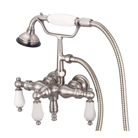 Water Creation F6-0017-02-PL Vintage Classic 3.375" Center Wall Mount Tub Faucet With Down Spout, Straight Wall Connector & Handheld Shower in Brushed Nickel Finish, With Porcelain Lever Handles Without labels