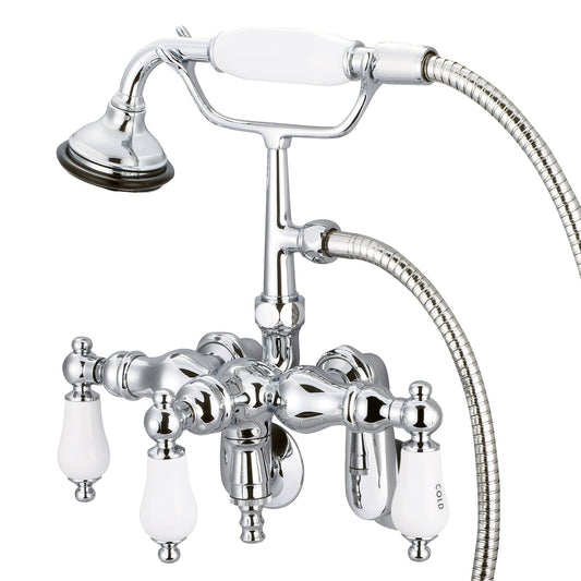 Water Creation F6-0018-01-CL Vintage Classic Adjustable Center Wall Mount Tub Faucet With Down Spout, Swivel Wall Connector & Handheld Shower in Chrome Finish, With Porcelain Lever Handles, Hot And Cold Labels Included