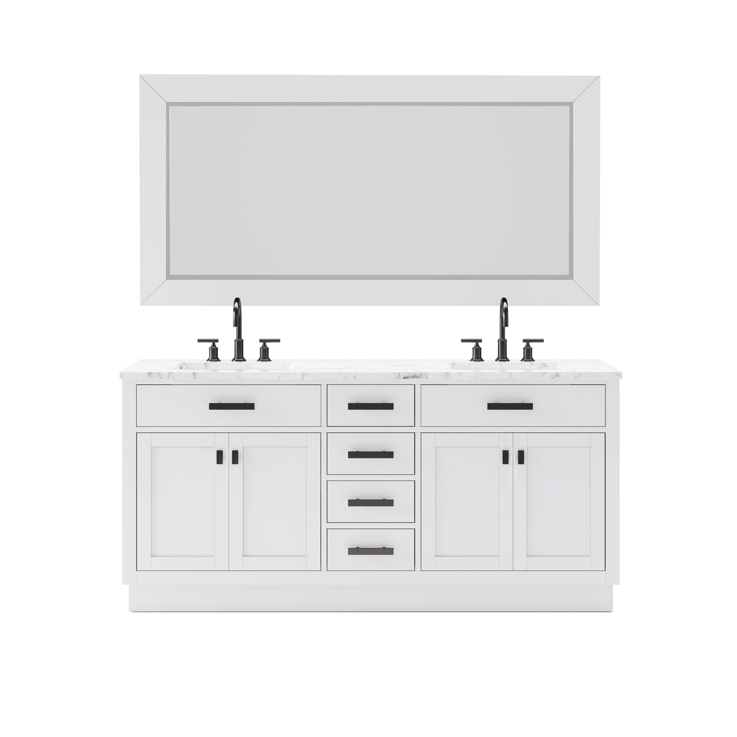 Water Creation HA72CW03PW-R72BL1403 HARTFORD 72"W x 34"H Pure White Double-Sink Vanity with Carrara White Marble Countertop + Gooseneck Faucet and Mirror