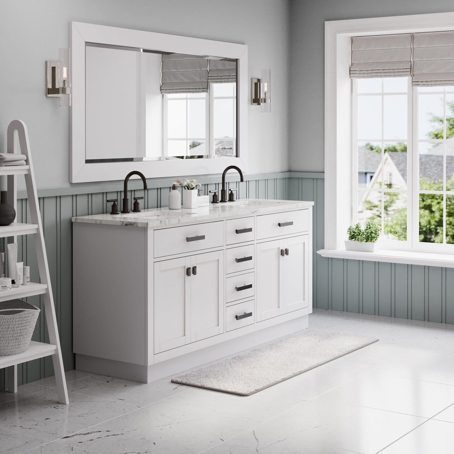 Water Creation HA72CW03PW-R72BL1403 HARTFORD 72"W x 34"H Pure White Double-Sink Vanity with Carrara White Marble Countertop + Gooseneck Faucet and Mirror
