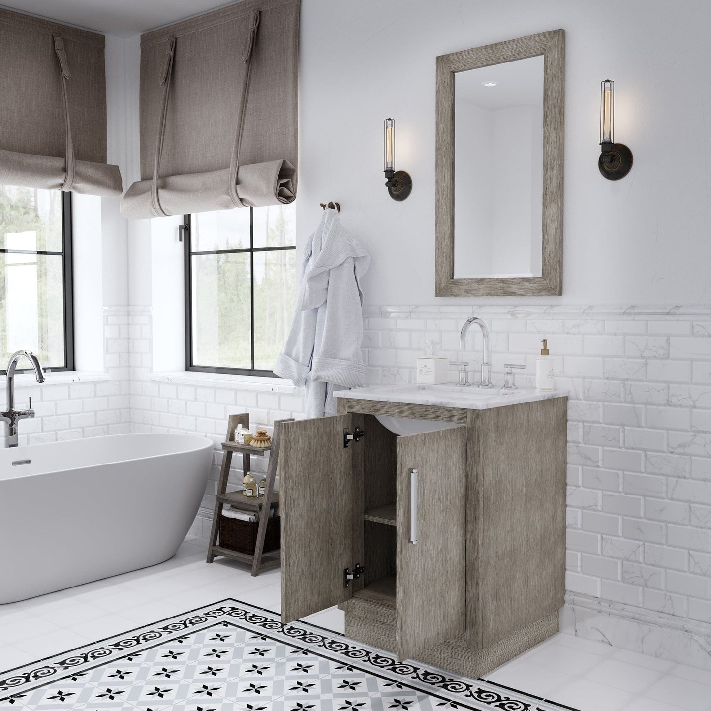 Water Creation HU24CW01GK-000BL1401 HUGO 24"W x 34.3"H Gray Oak Single-Sink Vanity with Carrara White Marble Countertop + Gooseneck Faucet (A)
