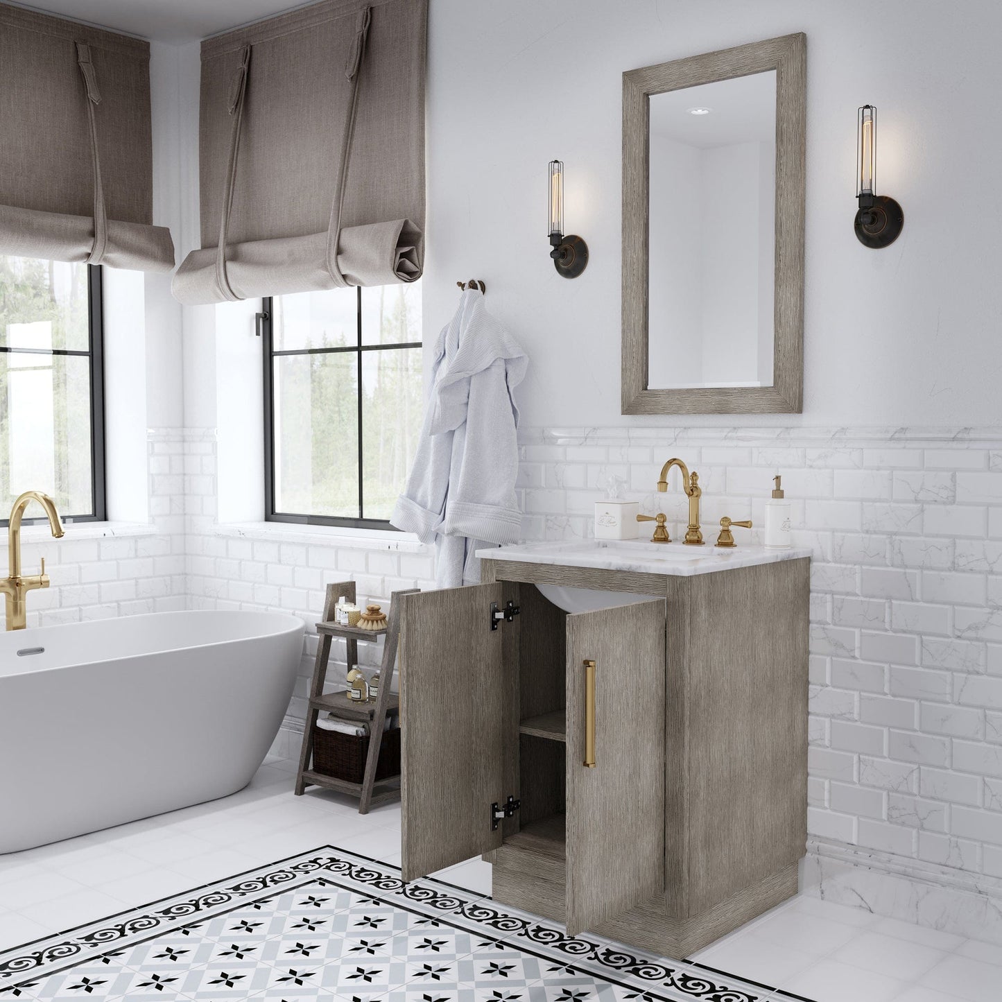 Water Creation HU24CW06GK-R21000000 HUGO 24"W x 34.3"H Gray Oak Single-Sink Vanity with Carrara White Marble Countertop + Mirror (B)