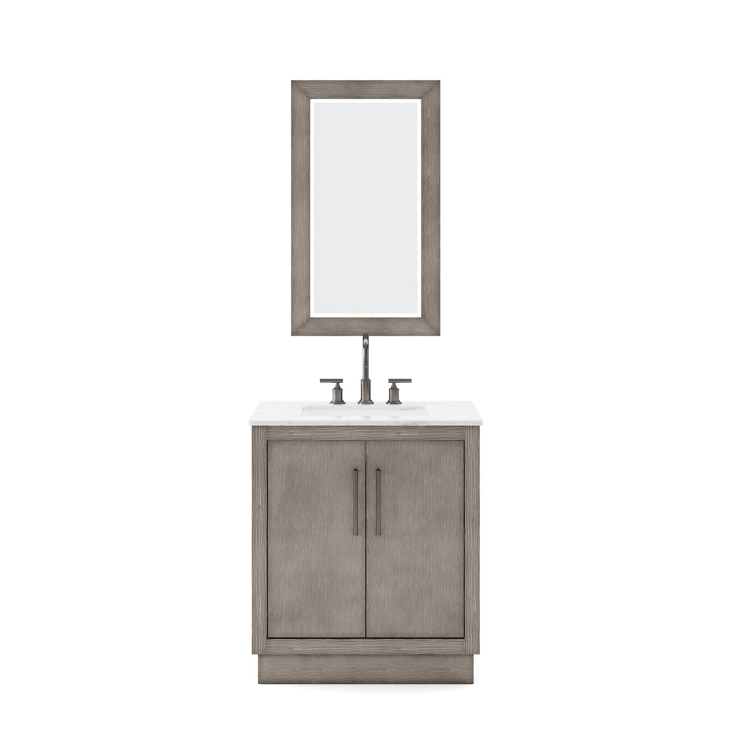 Water Creation HU30CW03GK-R21BL1403 HUGO 30"W x 34.3"H Gray Oak Single-Sink Vanity with Carrara White Marble Countertop + Gooseneck Faucet and Mirror (B)