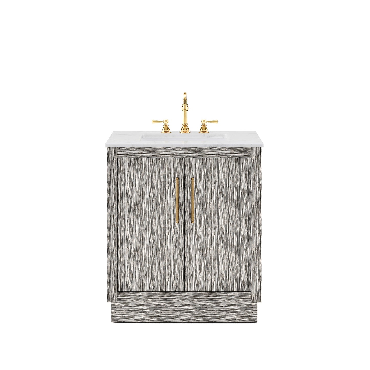 Water Creation HU30CW06GK-000TL1206 HUGO 30"W x 34.3"H Gray Oak Single-Sink Vanity with Carrara White Marble Countertop + Hook Faucet (C)