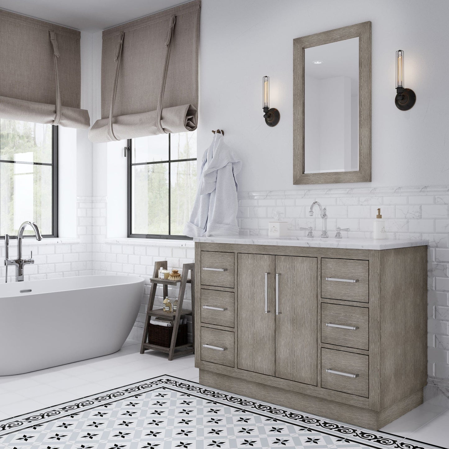 Water Creation HU48CW01GK-000TL1201 HUGO 48"W x 34.3"H Gray Oak Single-Sink Vanity with Carrara White Marble Countertop + Hook Faucet (A)
