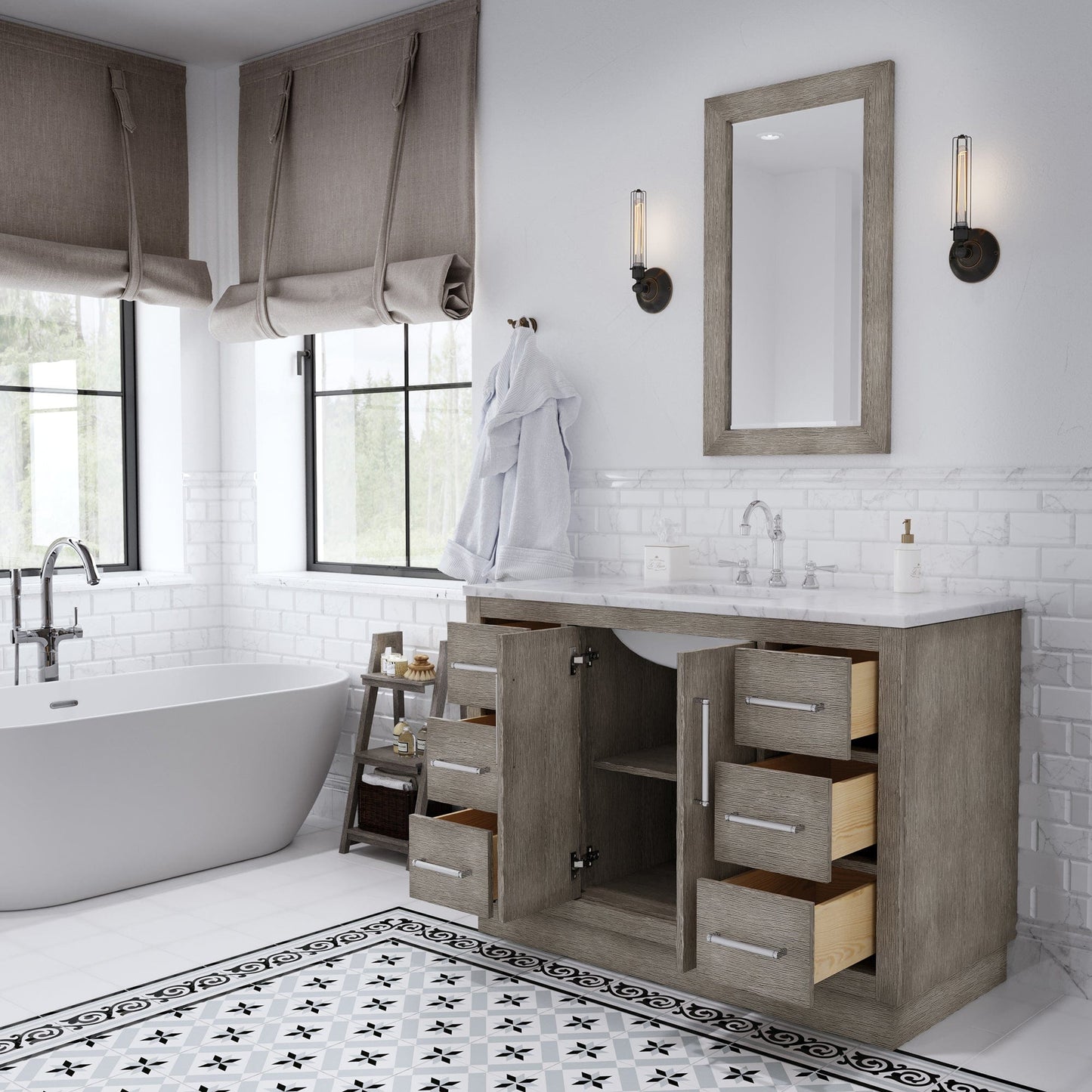 Water Creation HU48CW01GK-000TL1201 HUGO 48"W x 34.3"H Gray Oak Single-Sink Vanity with Carrara White Marble Countertop + Hook Faucet (A)