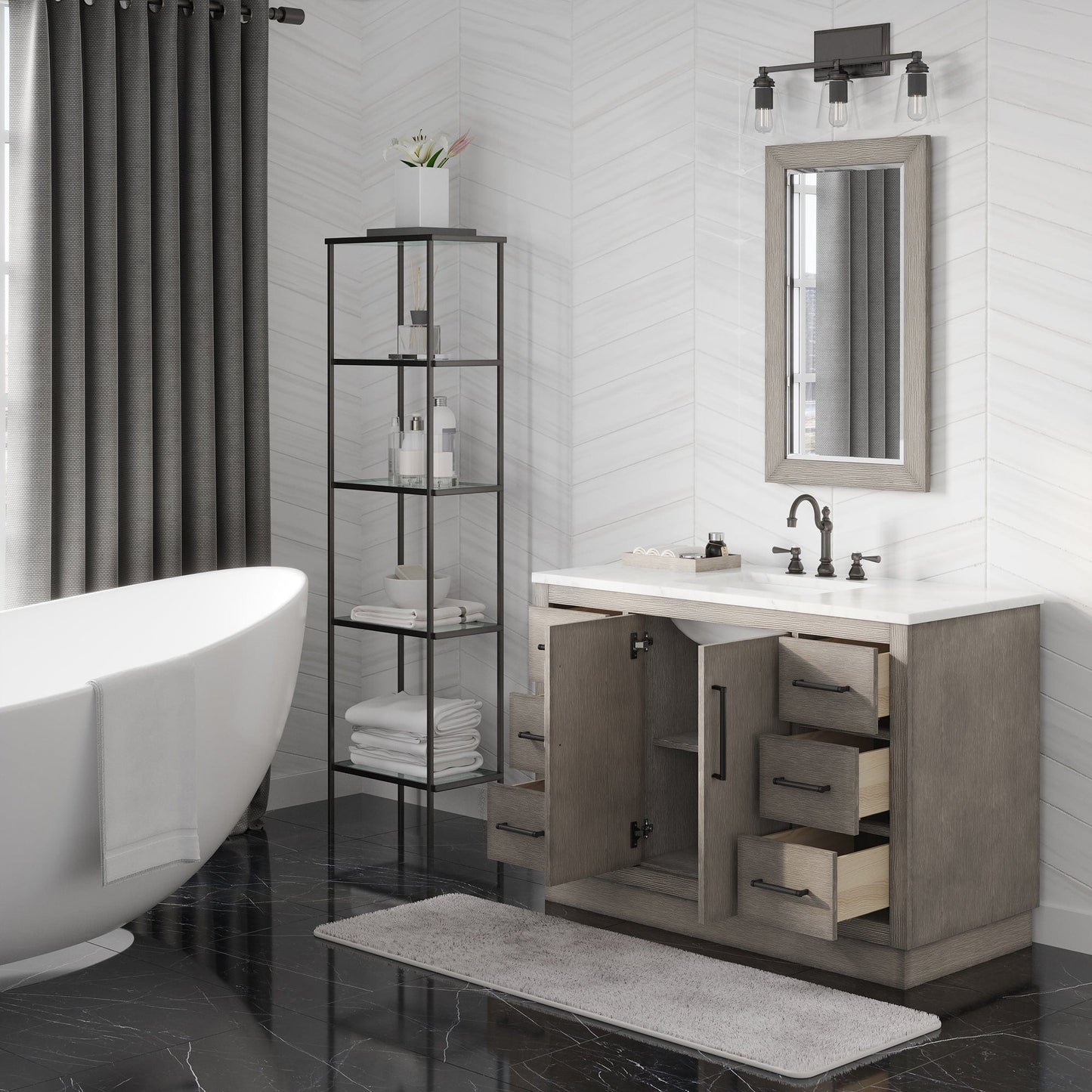 Water Creation HU48CW03GK-000TL1203 HUGO 48"W x 34.3"H Gray Oak Single-Sink Vanity with Carrara White Marble Countertop + Hook Faucet (B)