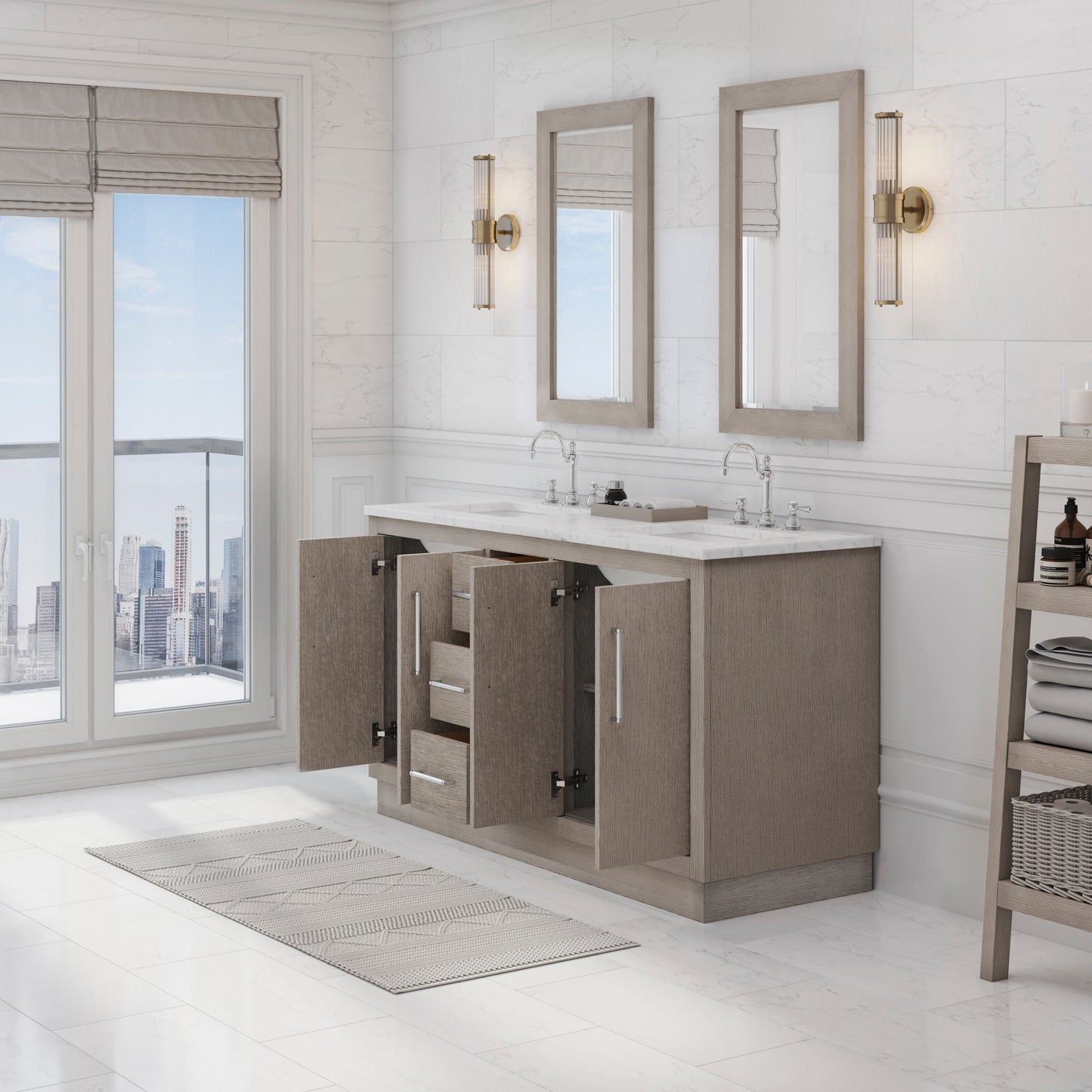 Water Creation HU60CW01GK-000TL1201 HUGO 60"W x 34.3"H Gray Oak Double-Sink Vanity with Carrara White Marble Countertop + Hook Faucets (A)