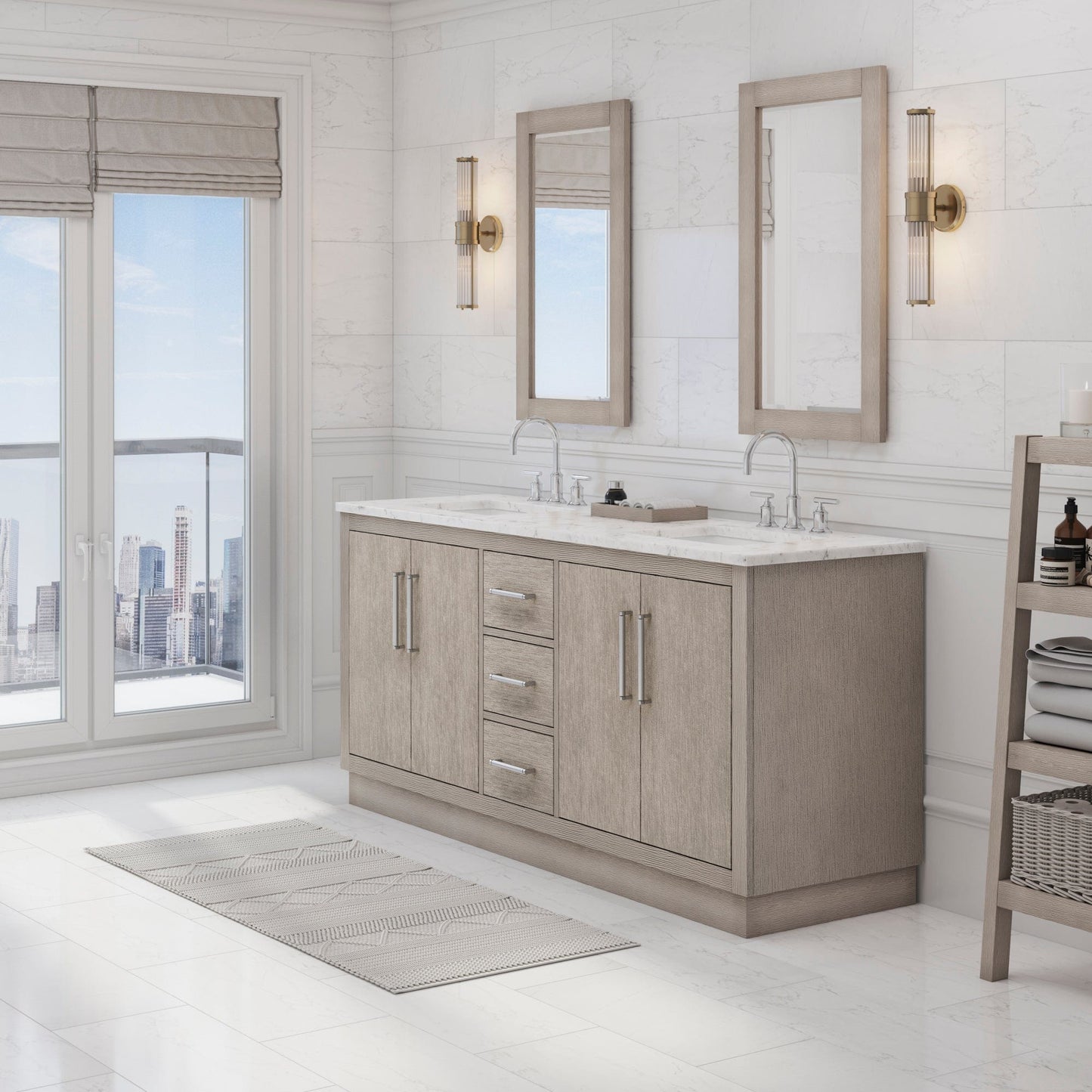 Water Creation HU72CW01GK-000BL1401 HUGO 72"W x 34.3"H Gray Oak Double-Sink Vanity with Carrara White Marble Countertop + Gooseneck Faucets (A)