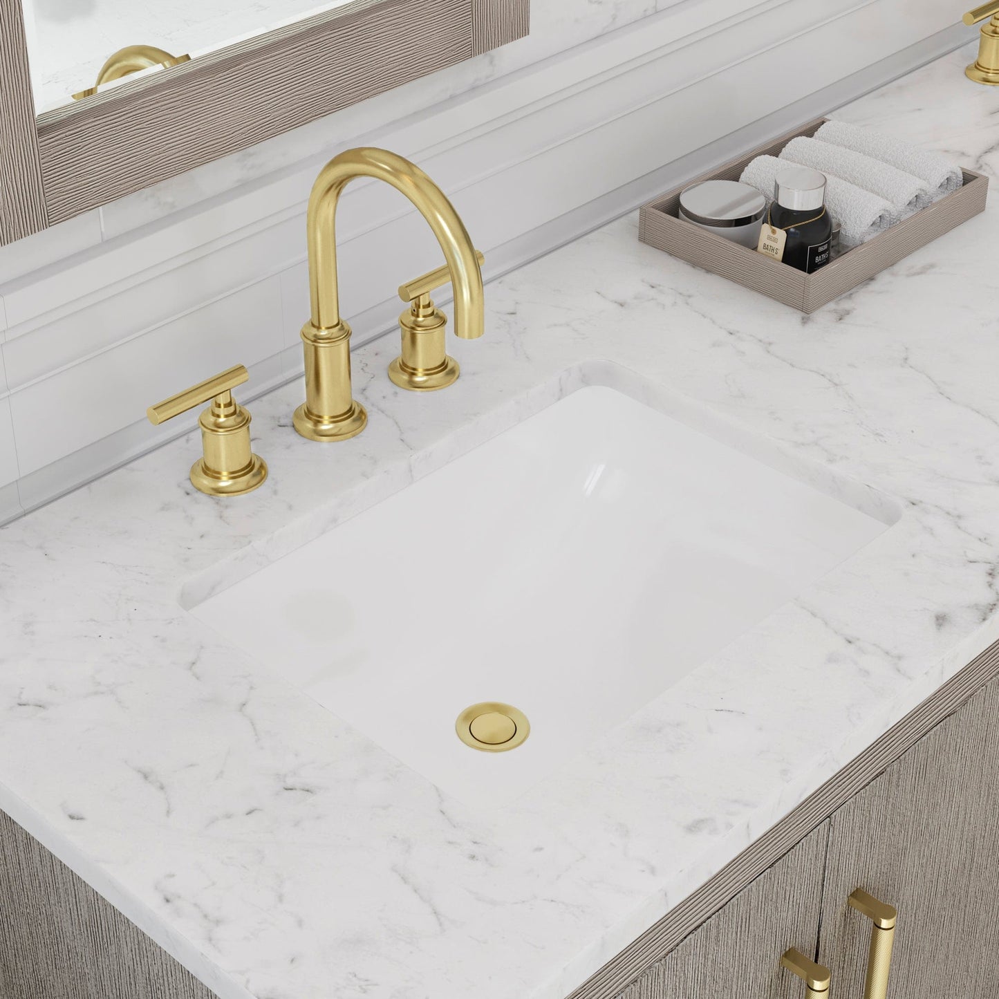 Water Creation HU72CW06GK-000BL1406 HUGO 72"W x 34.3"H Gray Oak Double-Sink Vanity with Carrara White Marble Countertop + Gooseneck Faucets (C)