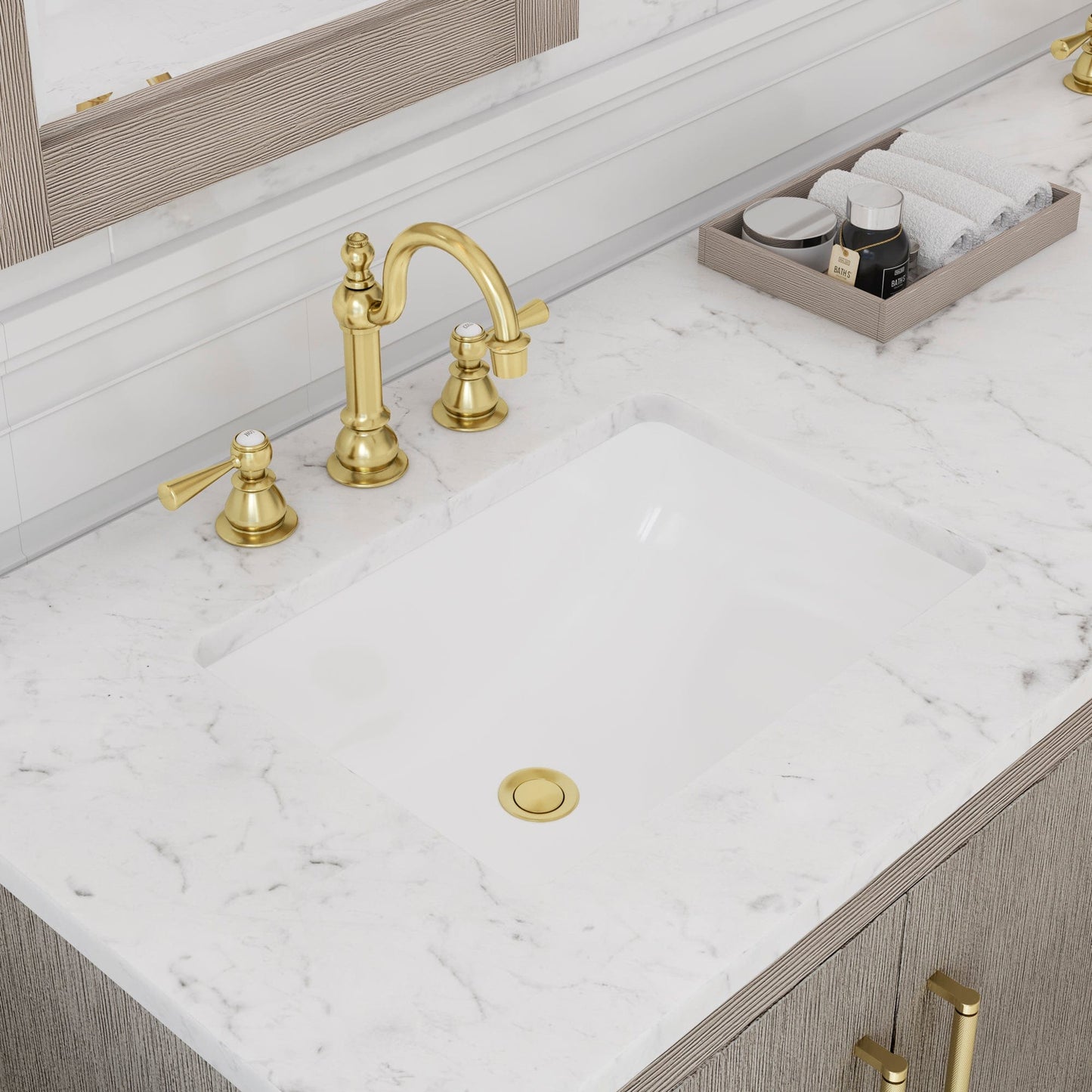 Water Creation HU72CW06GK-R21TL1206 HUGO 72"W x 34.3"H Gray Oak Double-Sink Vanity with Carrara White Marble Countertop + Hook Faucets and Mirrors (C)