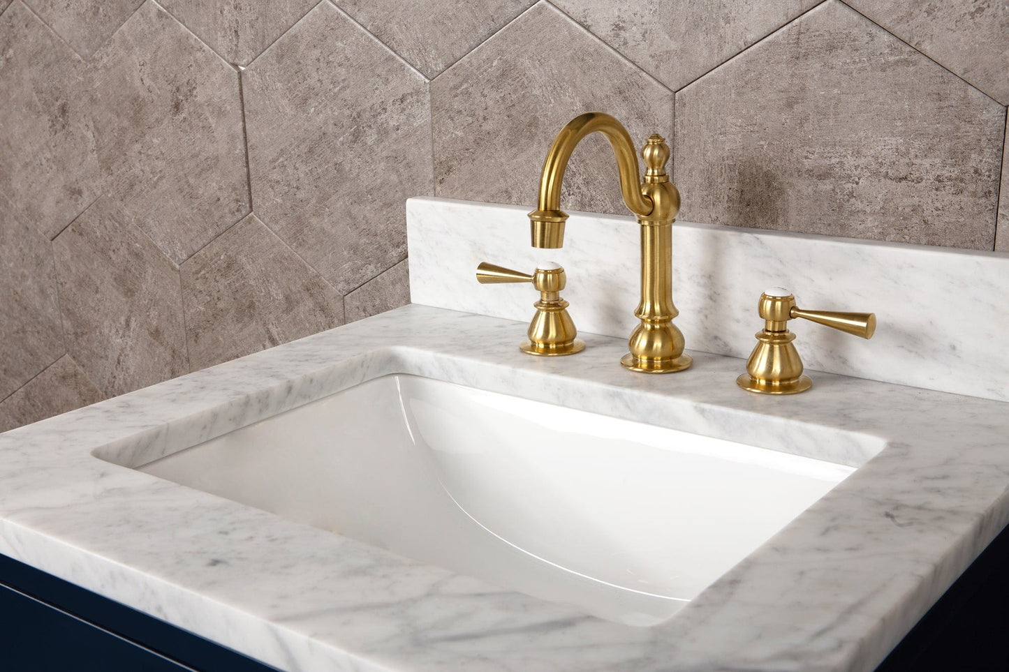 Water Creation MA24CW06MB-R21TL1206 MADALYN 24"W x 34"H Monarch Blue Single-Sink Vanity with Carrara White Marble Countertop + Faucets & Mirror (F2-0012)