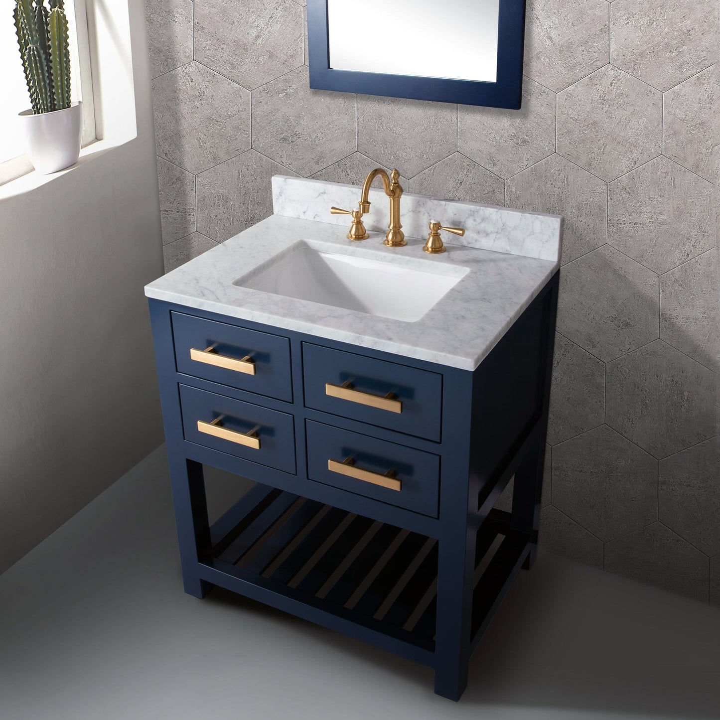 Water Creation MA30CW06MB-R21TL1206 MADALYN 30"W x 34"H Monarch Blue Single-Sink Vanity with Carrara White Marble Countertop + Faucets & Mirror (F2-0012)
