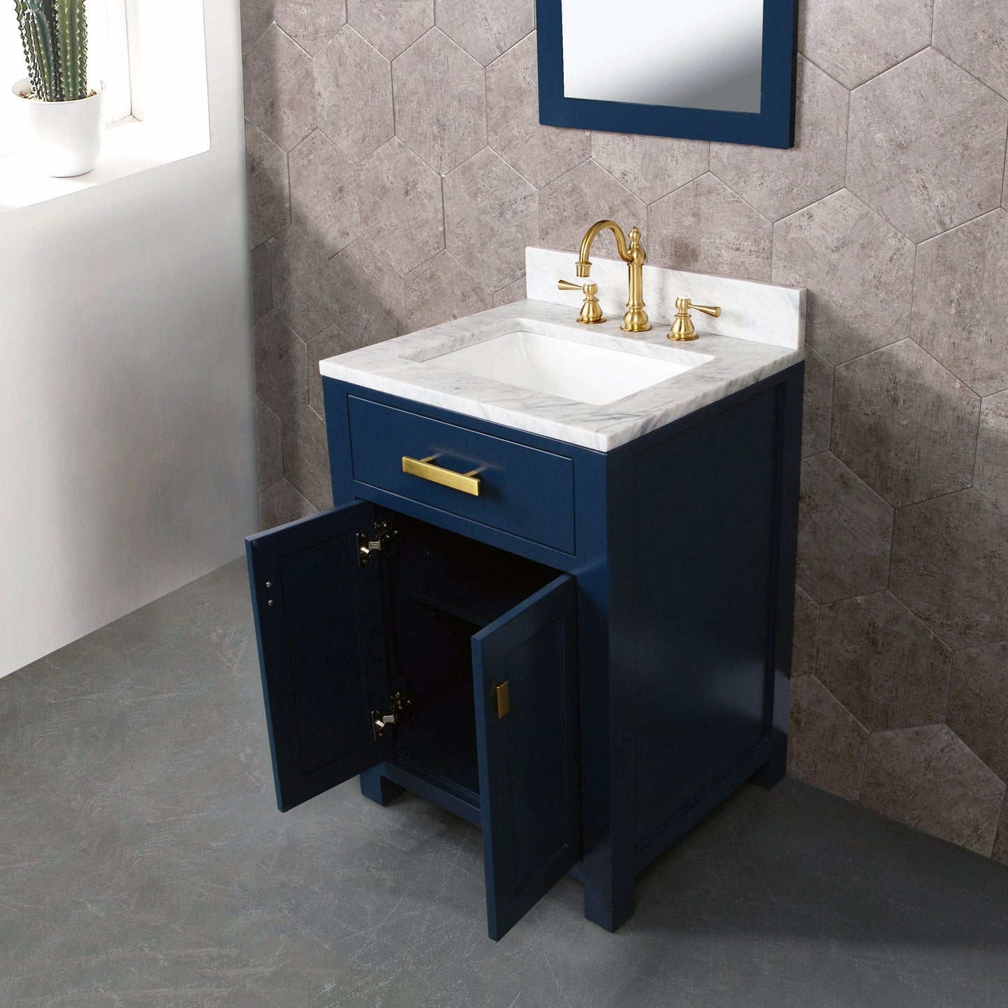 Water Creation MS24CW06MB-000000000 MADISON 24"W x 34"H Monarch Blue Single-Sink Vanity with Carrara White Marble Countertop (Vanity Only)