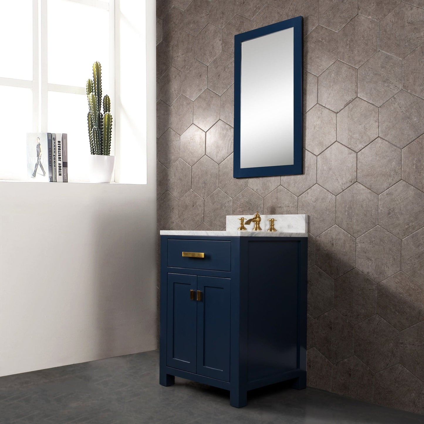 Water Creation MS24CW06MB-R21FX1306 MADISON 24"W x 34"H Monarch Blue Single-Sink Vanity with Carrara White Marble Countertop + Faucets & Mirror (F2-0013-06-FX)
