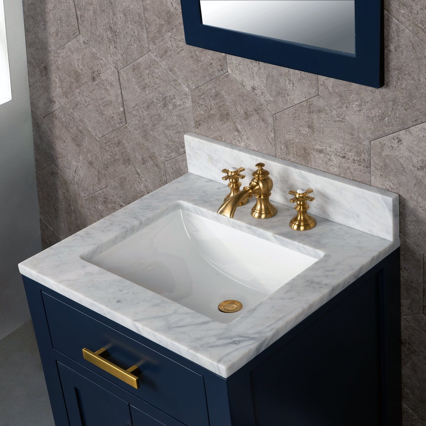 Water Creation MS24CW06MB-R21FX1306 MADISON 24"W x 34"H Monarch Blue Single-Sink Vanity with Carrara White Marble Countertop + Faucets & Mirror (F2-0013-06-FX)