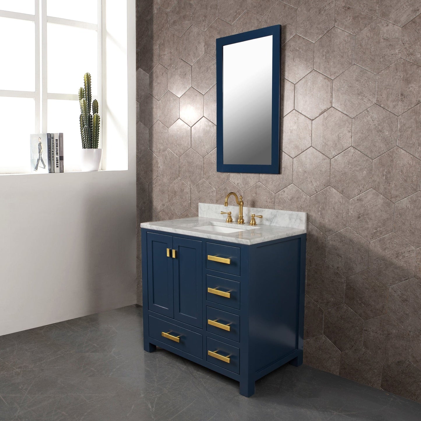 Water Creation MS36CW06MB-R21TL1206 MADISON 36"W x 34"H Monarch Blue Single-Sink Vanity with Carrara White Marble Countertop + Faucets & Mirror (F2-0012-06-TL)