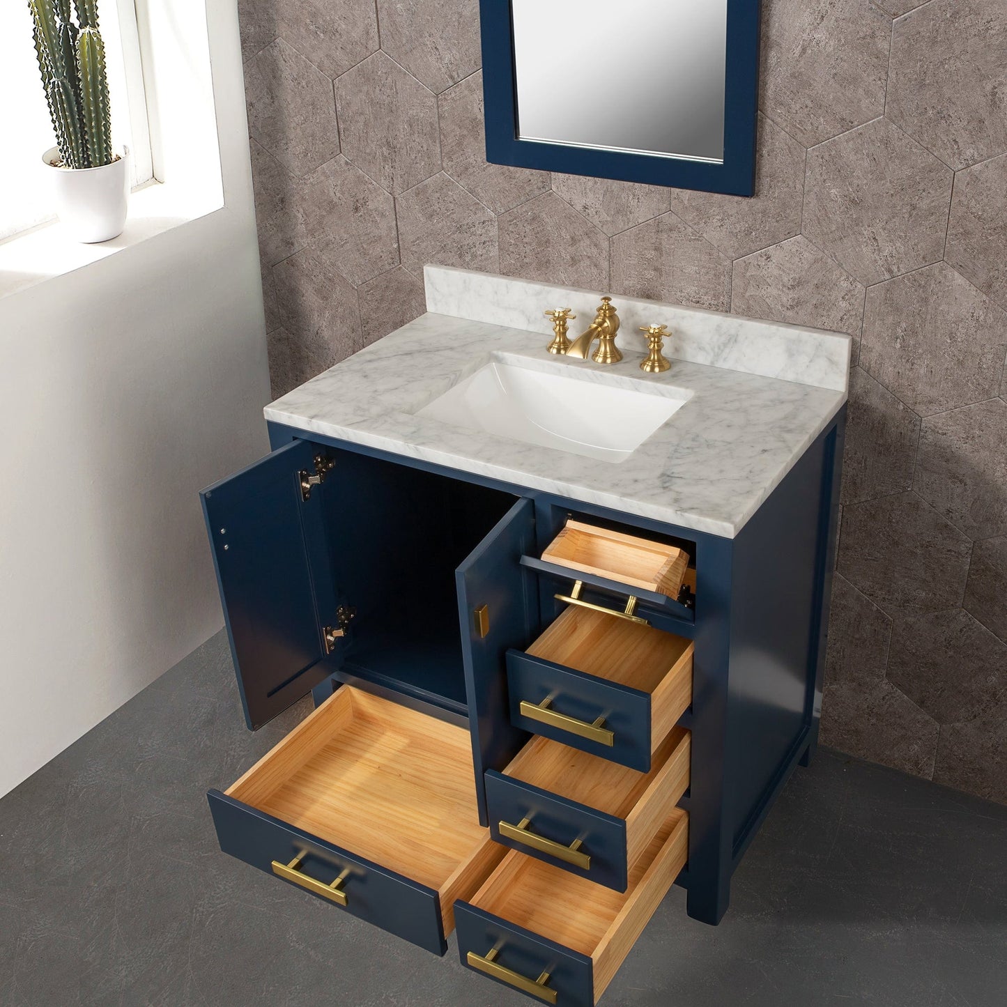 Water Creation MS36CW06MB-R21TL1206 MADISON 36"W x 34"H Monarch Blue Single-Sink Vanity with Carrara White Marble Countertop + Faucets & Mirror (F2-0012-06-TL)