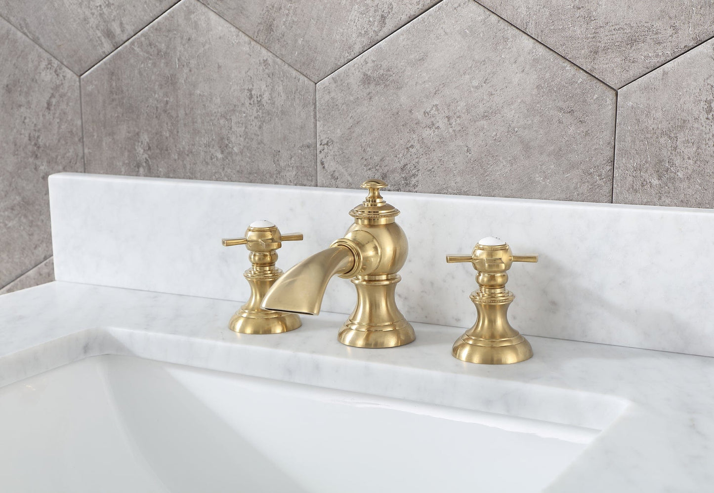 Water Creation MS60CW06MB-000FX1306 MADISON 60"W x 34"H Monarch Blue Double-Sink Vanity with Carrara White Marble Countertop + Faucets (F2-0013-06-FX)