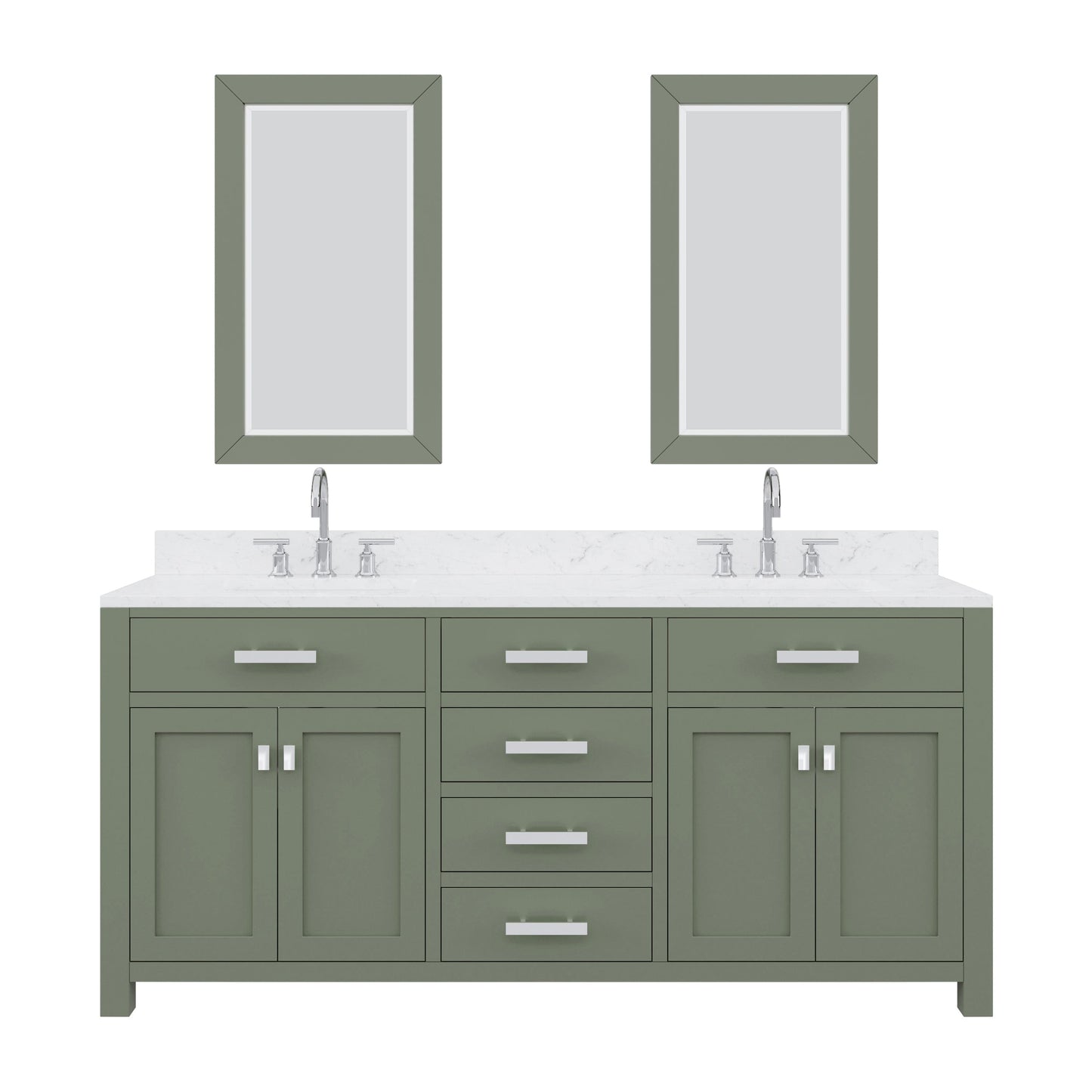Water Creation MS72CW01GN-R21BL1401 MADISON 72"W x 34"H Glacial Green Double-Sink Vanity with Carrara White Marble Countertop + Gooseneck Faucet and Mirror