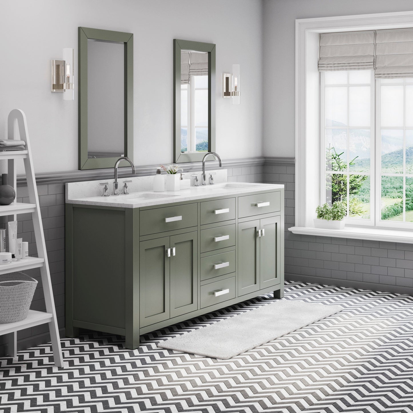 Water Creation MS72CW01GN-R21BL1401 MADISON 72"W x 34"H Glacial Green Double-Sink Vanity with Carrara White Marble Countertop + Gooseneck Faucet and Mirror