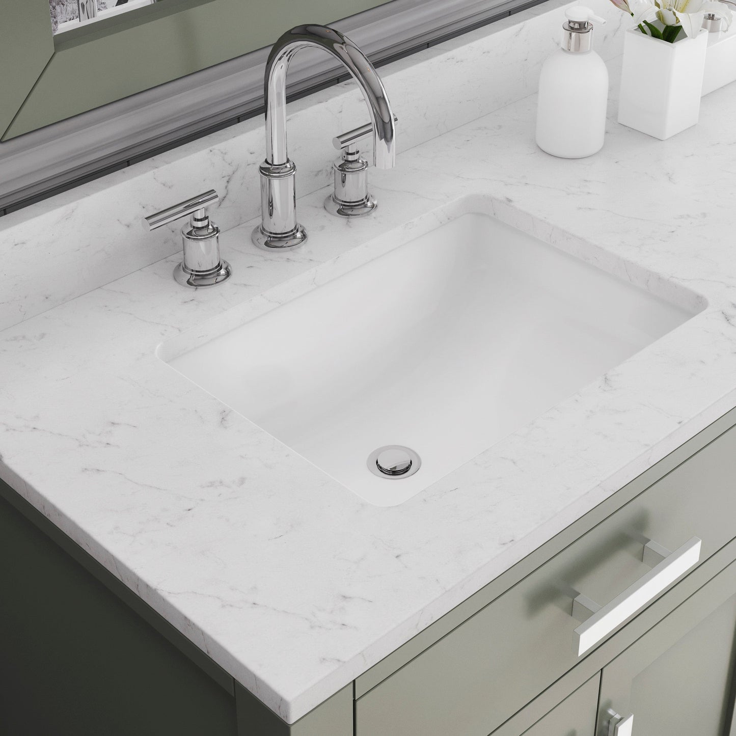 Water Creation MS72CW01GN-R21BL1401 MADISON 72"W x 34"H Glacial Green Double-Sink Vanity with Carrara White Marble Countertop + Gooseneck Faucet and Mirror
