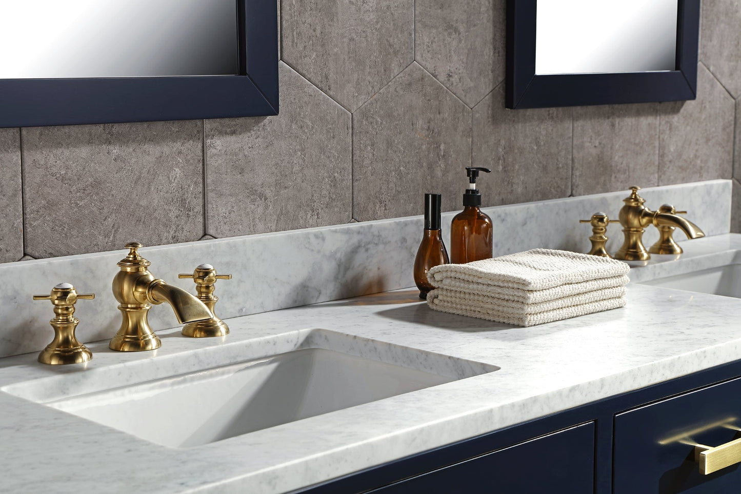 Water Creation MS72CW06MB-000FX1306 MADISON 72"W x 34"H Monarch Blue Double-Sink Vanity with Carrara White Marble Countertop + Faucets (F2-0013-06-FX)