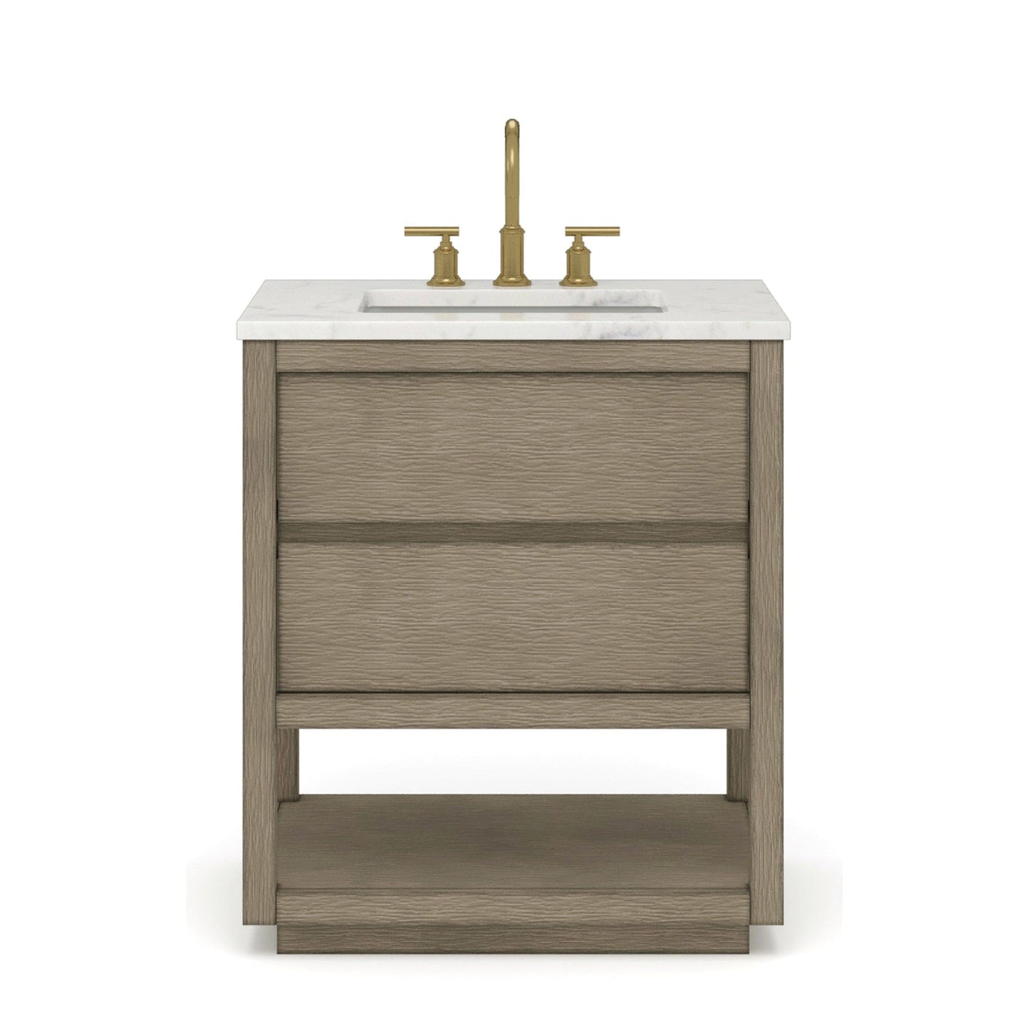 Water Creation OA30CW00GK-000BL1406 OAKMAN 30"W x 34.3"H Gray Oak Single-Sink Vanity with Carrara White Marble Countertop + Gold Faucets