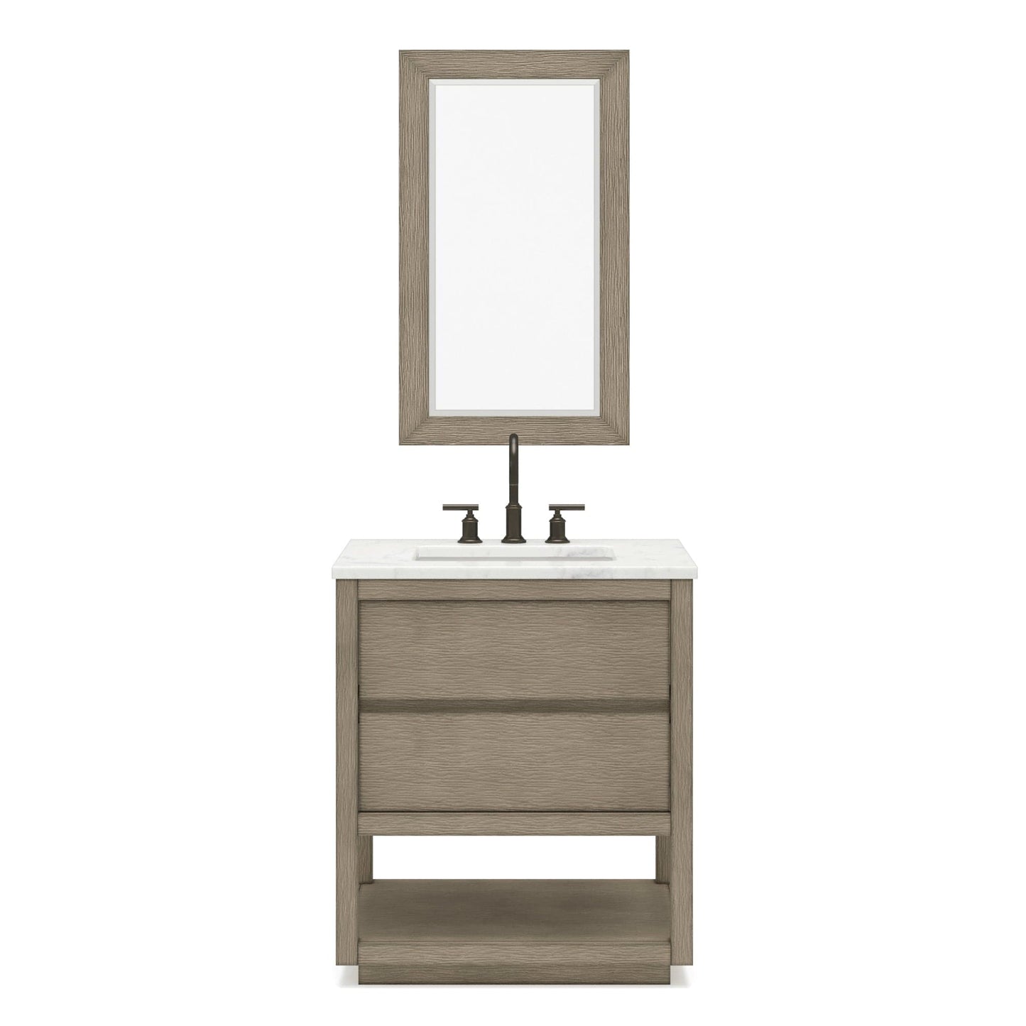 Water Creation OA30CW00GK-R21BL1403 OAKMAN 30"W x 34.3"H Gray Oak Single-Sink Vanity with Carrara White Marble Countertop + ORB Faucet and Rectangular Mirror