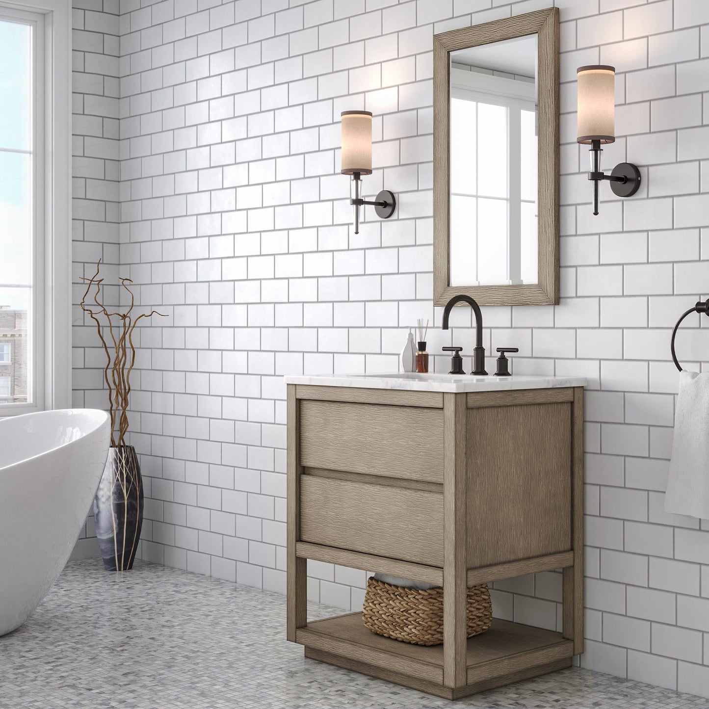 Water Creation OA30CW00GK-R21BL1403 OAKMAN 30"W x 34.3"H Gray Oak Single-Sink Vanity with Carrara White Marble Countertop + ORB Faucet and Rectangular Mirror