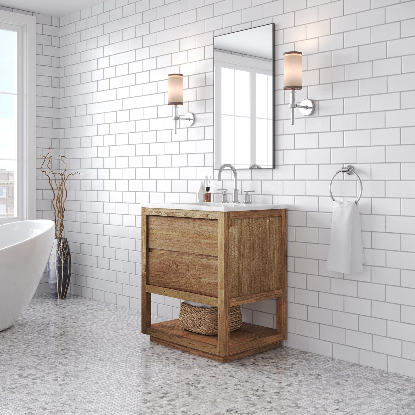 Water Creation OA30CW00MW-000BL1401 OAKMAN 30"W x 34.3"H Mango Wood Single-Sink Vanity with Carrara White Marble Countertop + Chrome Faucet
