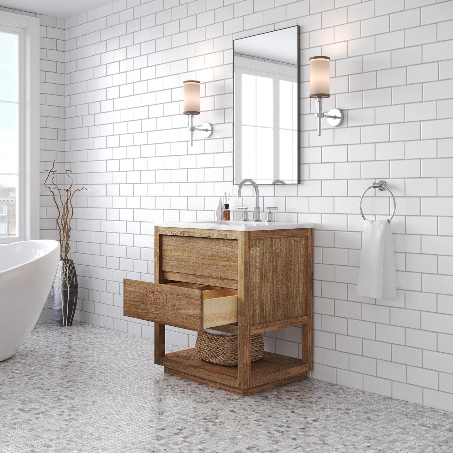 Water Creation OA30CW00MW-000BL1401 OAKMAN 30"W x 34.3"H Mango Wood Single-Sink Vanity with Carrara White Marble Countertop + Chrome Faucet