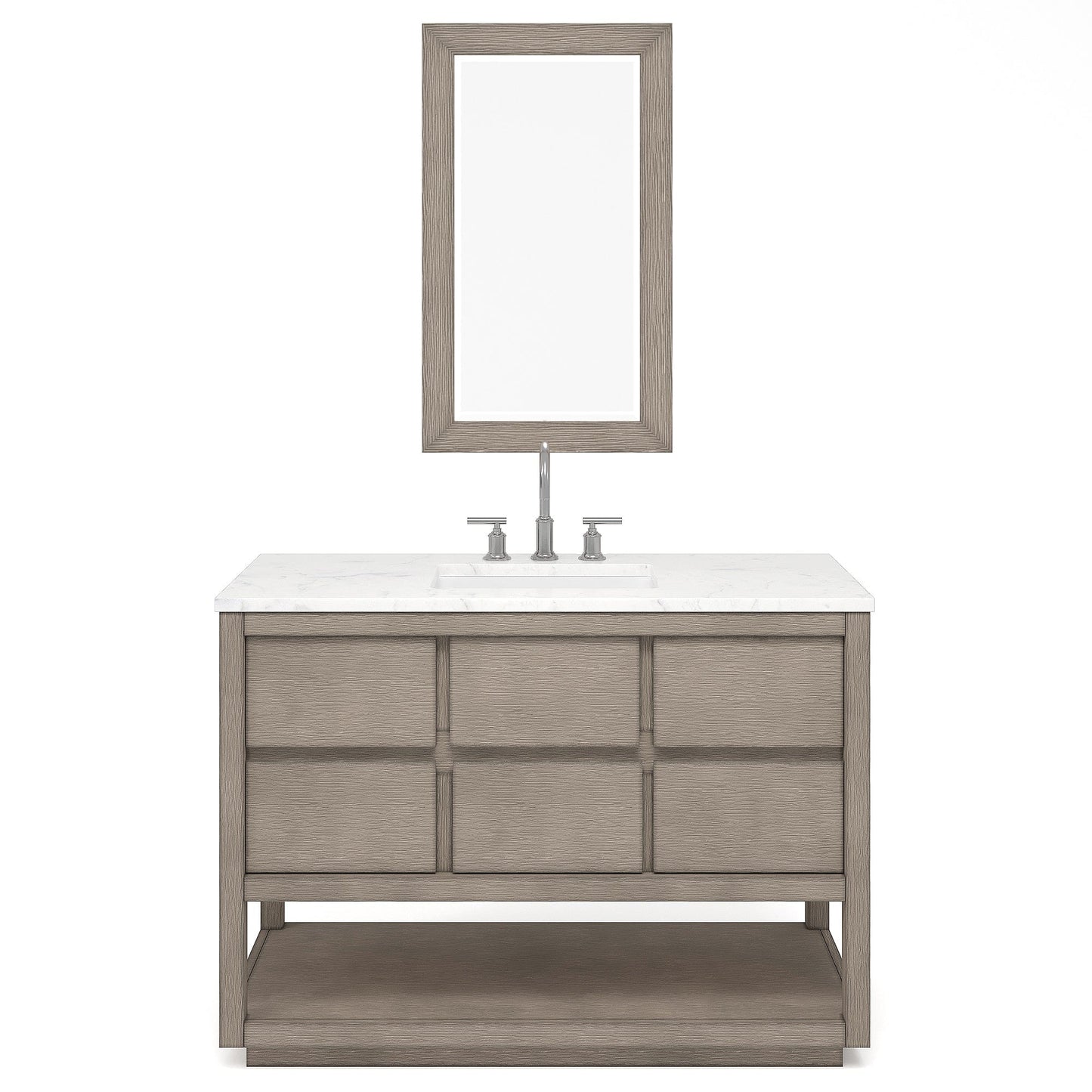 Water Creation OA48CW00GK-R21BL1401 OAKMAN 48"W x 34.3"H Gray Oak Single-Sink Vanity with Carrara White Marble Countertop + Chrome Faucet and Rectangular Mirror
