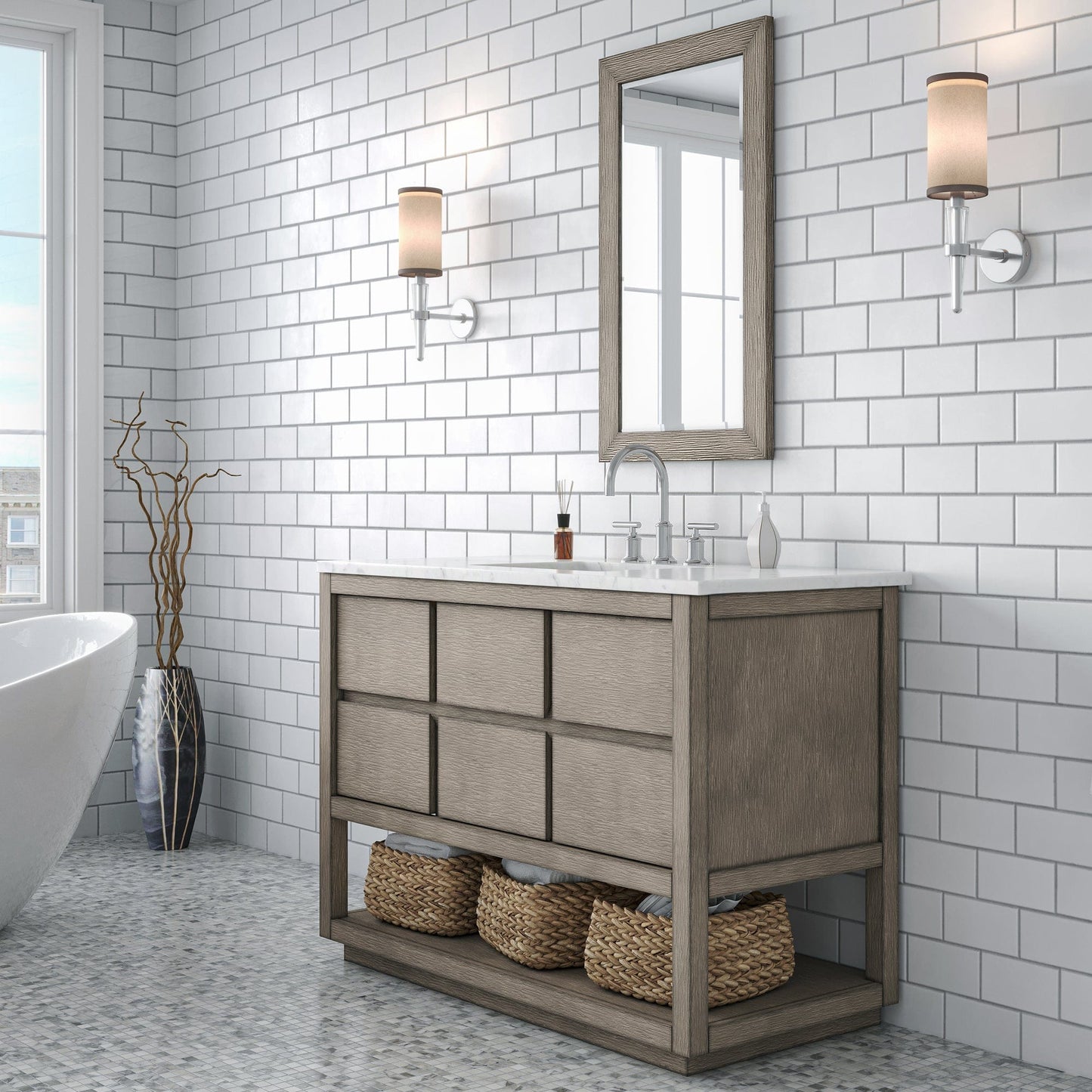 Water Creation OA48CW00GK-R21BL1401 OAKMAN 48"W x 34.3"H Gray Oak Single-Sink Vanity with Carrara White Marble Countertop + Chrome Faucet and Rectangular Mirror