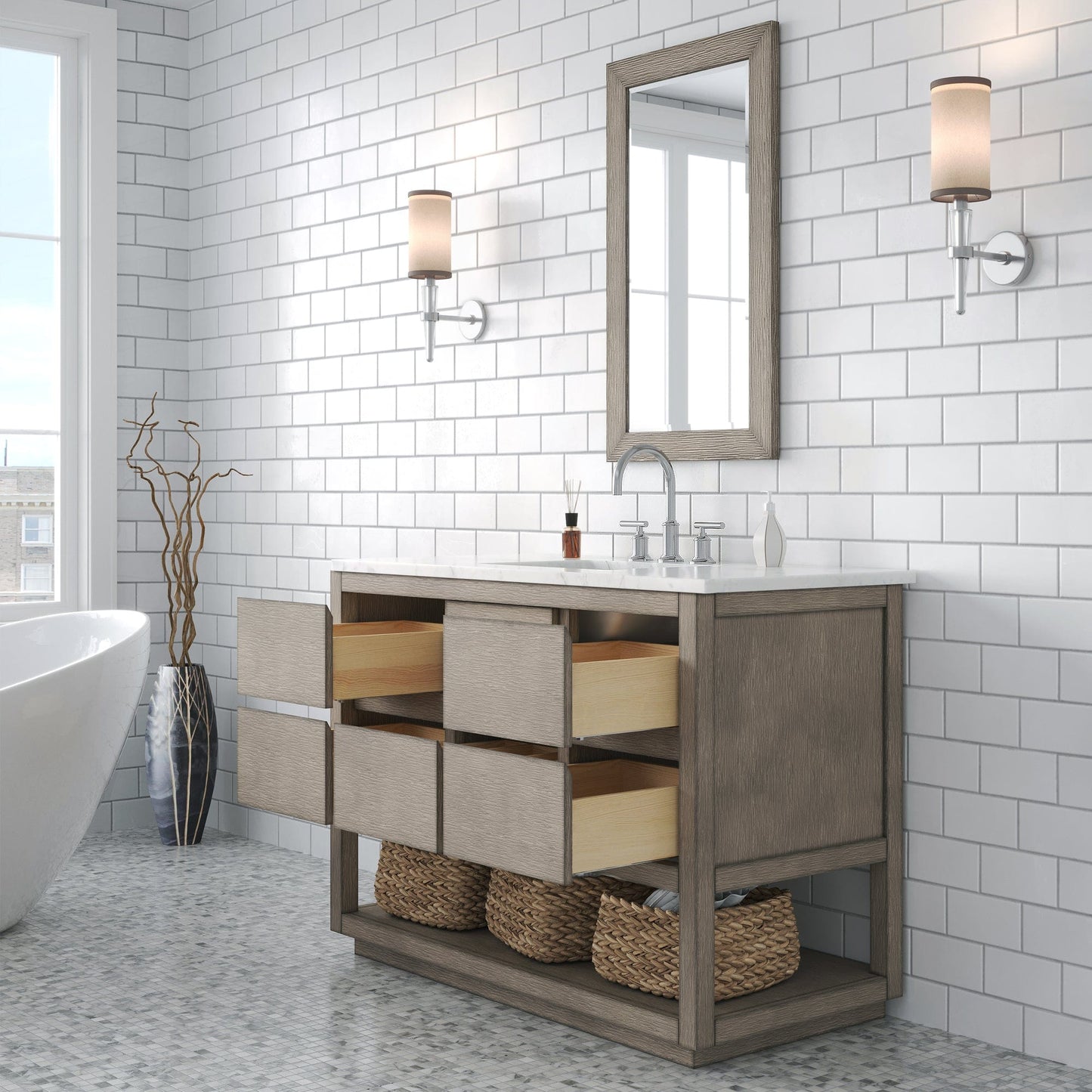 Water Creation OA48CW00GK-R21BL1401 OAKMAN 48"W x 34.3"H Gray Oak Single-Sink Vanity with Carrara White Marble Countertop + Chrome Faucet and Rectangular Mirror