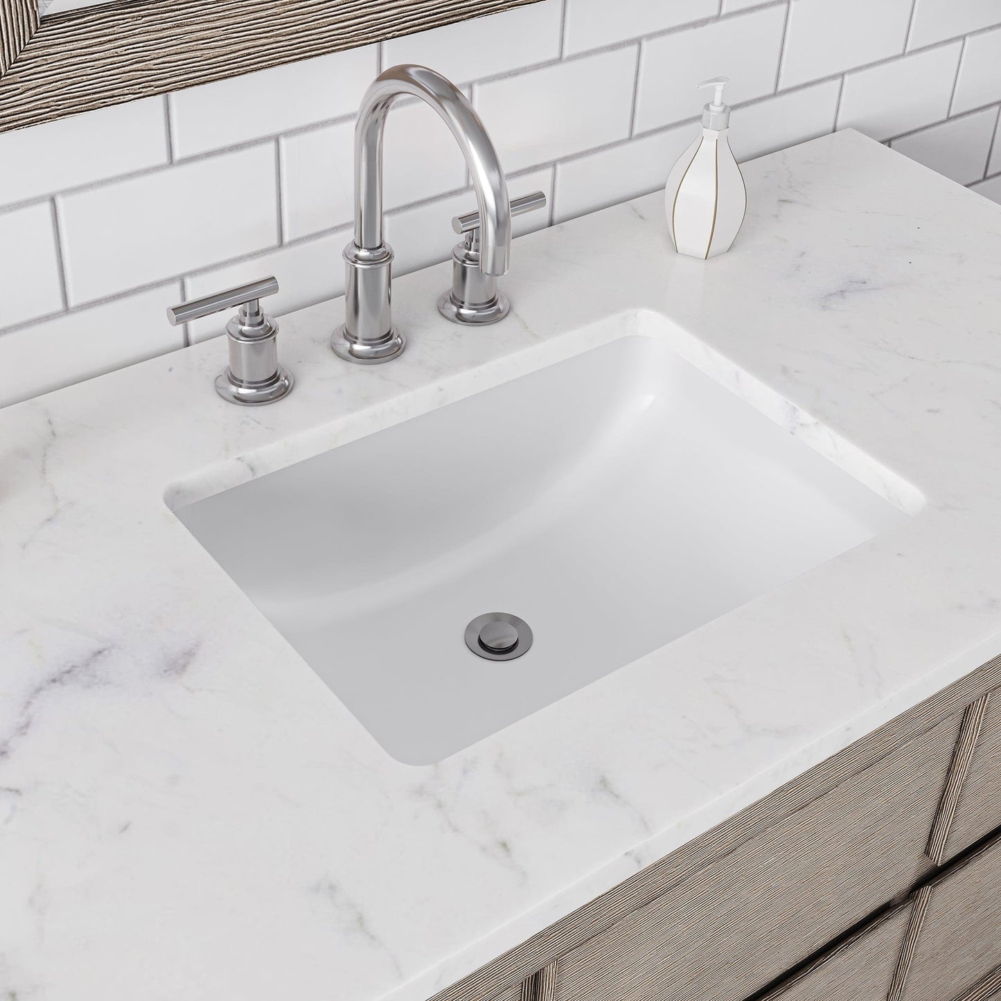 Water Creation OA48CW00GK-R21BL1401 OAKMAN 48"W x 34.3"H Gray Oak Single-Sink Vanity with Carrara White Marble Countertop + Chrome Faucet and Rectangular Mirror
