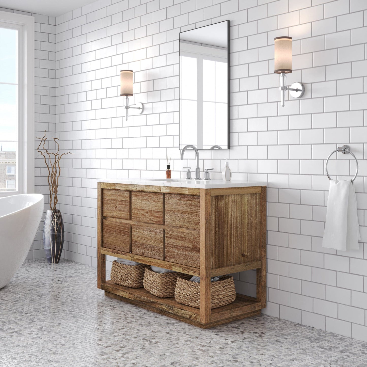 Water Creation OA48CW00MW-000BL1401 OAKMAN 48"W x 34.3"H Mango Wood Single-Sink Vanity with Carrara White Marble Countertop + Chrome Faucet