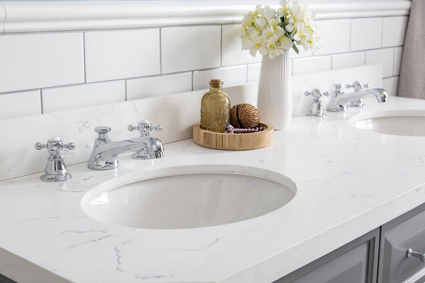 Water Creation PA60QZ01CG-E18BX0901 PALACE 60"W x 34"H Cashmere Gray Vanity with Carrara Quartz Countertop + Faucets & Mirror (F2-0009), Chrome Finish Hardware & Mirror