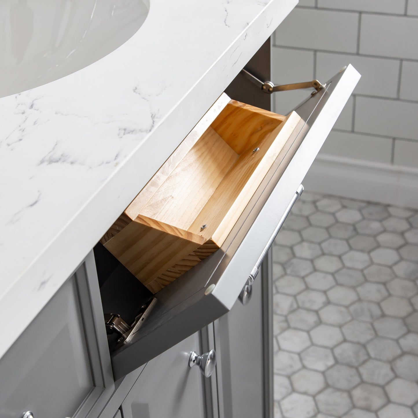 Water Creation PA60QZ01CG-E18BX0901 PALACE 60"W x 34"H Cashmere Gray Vanity with Carrara Quartz Countertop + Faucets & Mirror (F2-0009), Chrome Finish Hardware & Mirror