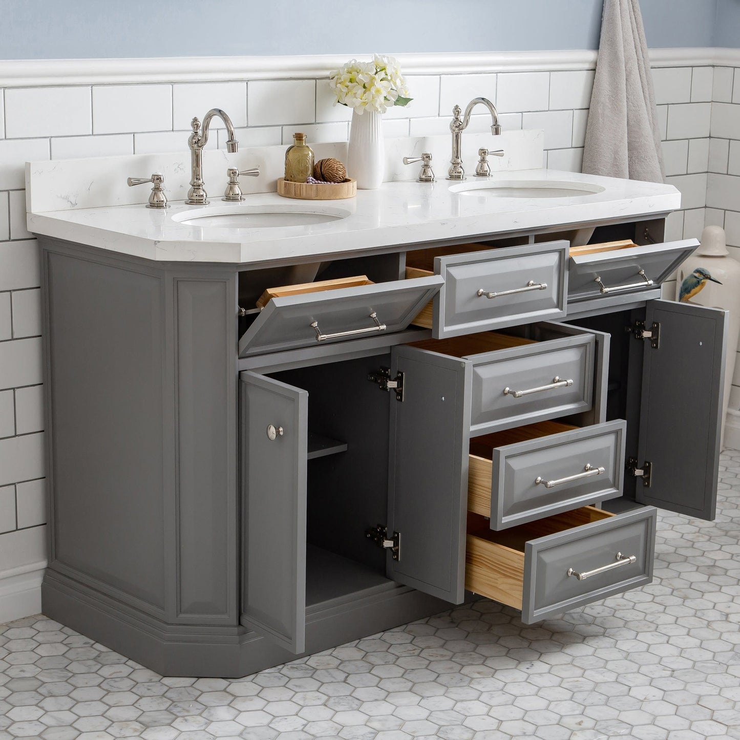 Water Creation PA60QZ05CG-000TL1205 PALACE 60"W x 34"H Cashmere Gray Vanity with Carrara Quartz Countertop + Faucets (F2-0012), Polished Nickel Finish Hardware