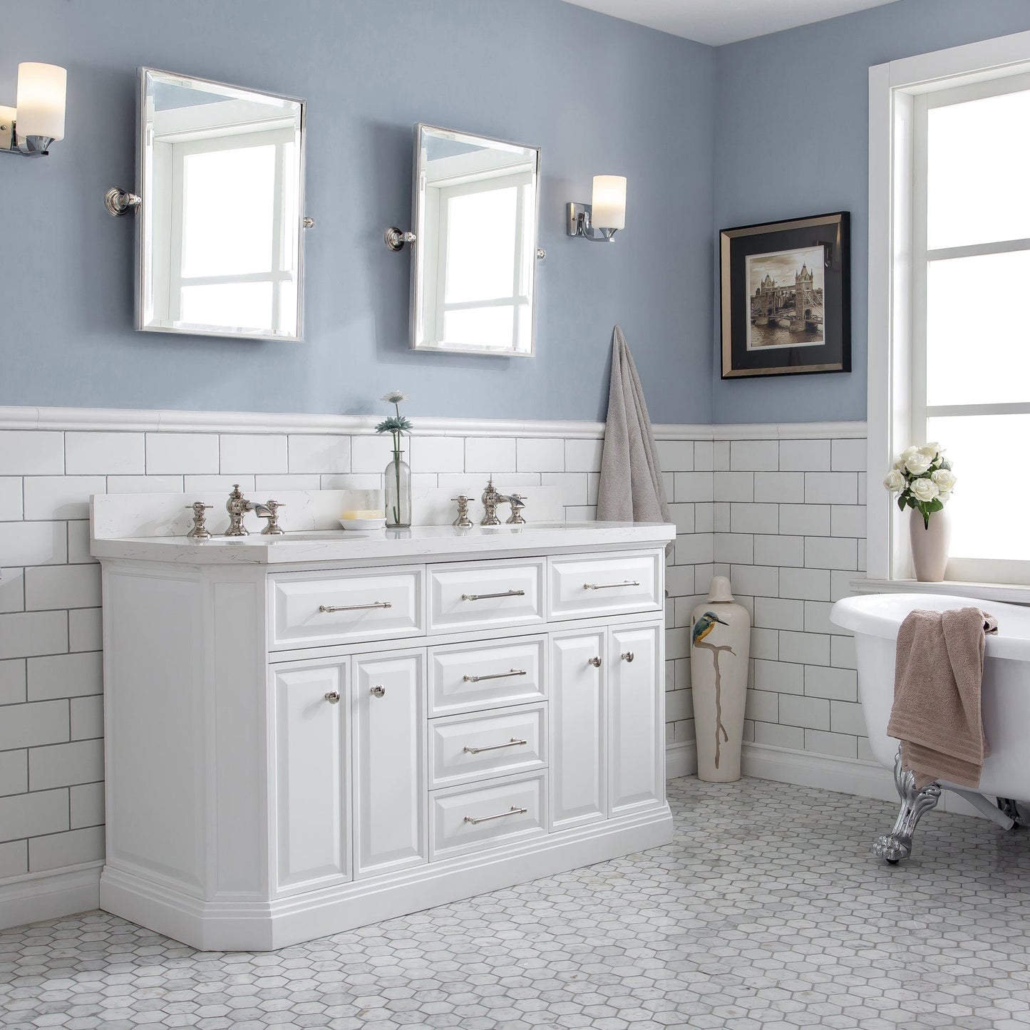 Water Creation PA60QZ05PW-000FX1305 PALACE 60"W x 34"H Pure White Vanity with Carrara Quartz Countertop + Faucets (F2-0013), Polished Nickel Finish Hardware