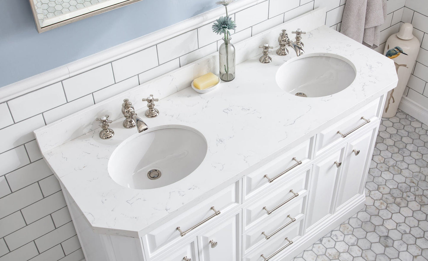 Water Creation PA60QZ05PW-000FX1305 PALACE 60"W x 34"H Pure White Vanity with Carrara Quartz Countertop + Faucets (F2-0013), Polished Nickel Finish Hardware